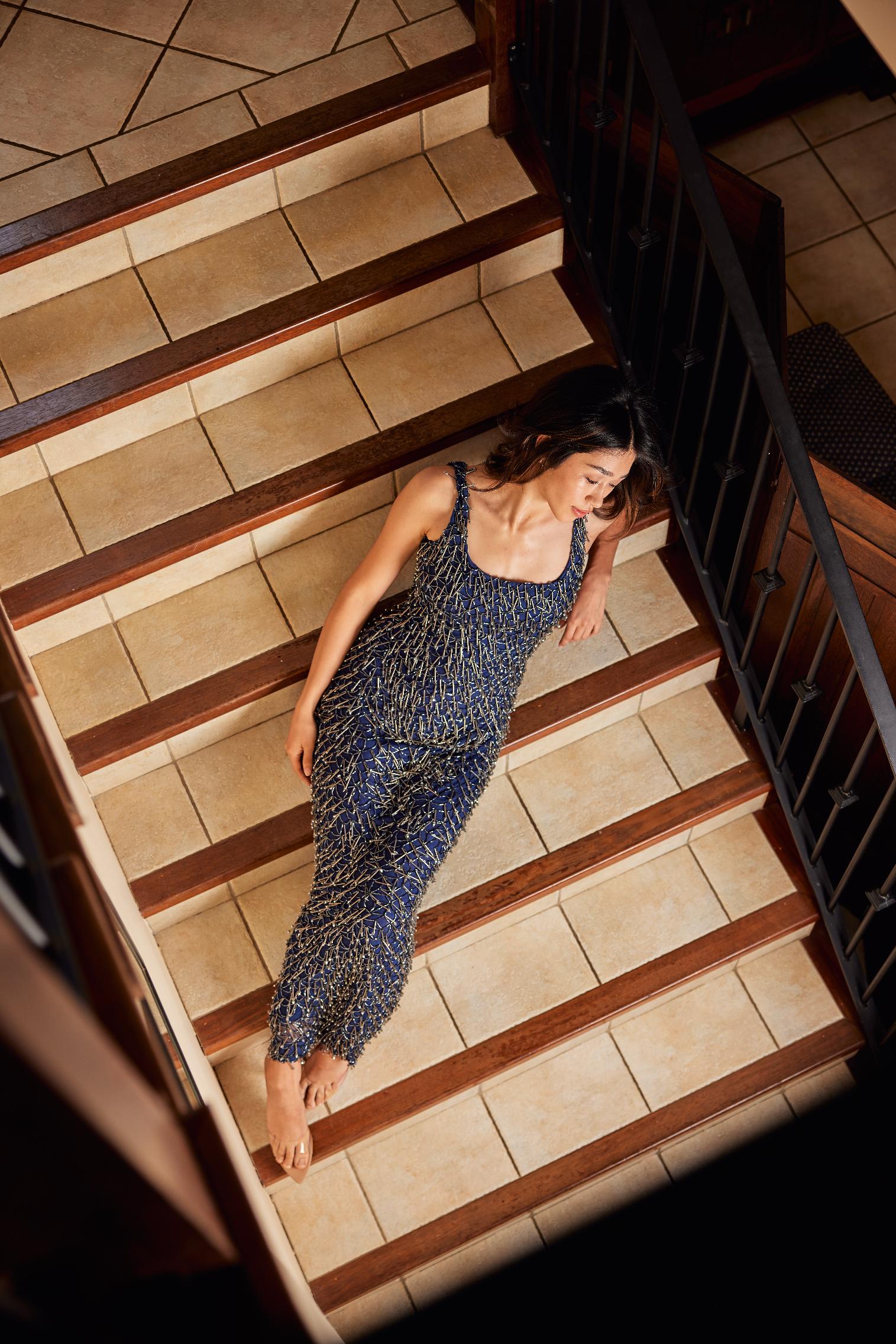 Navy Beaded Crystal Gown