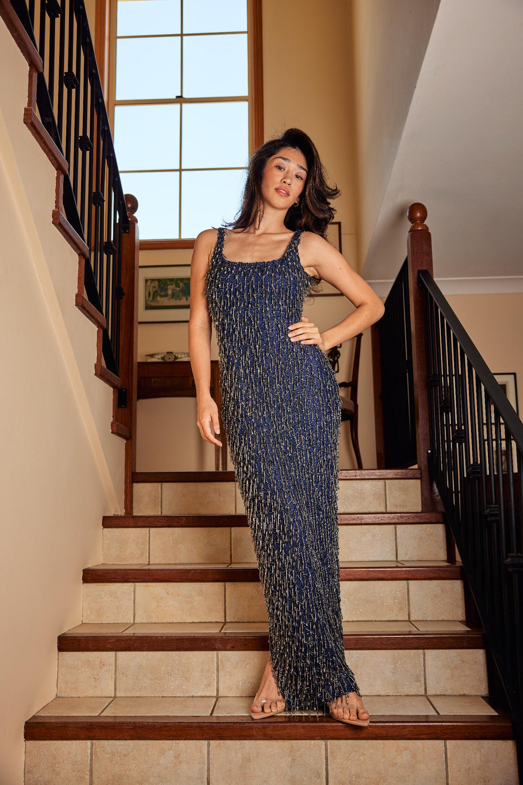 Navy Beaded Crystal Gown