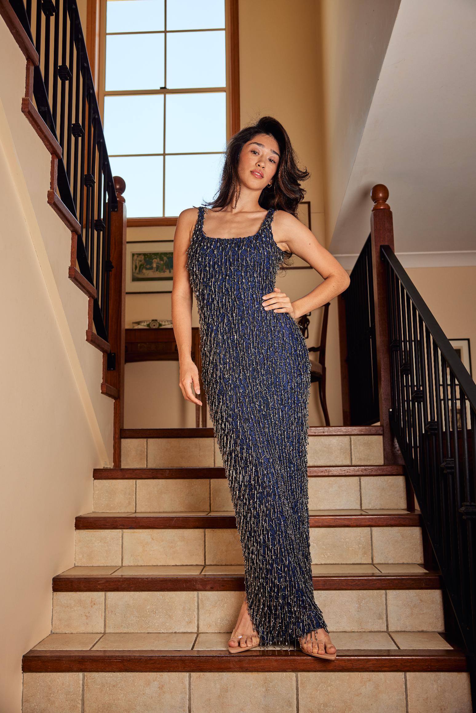 Navy Beaded Crystal Gown