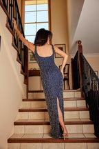 Navy Beaded Crystal Gown