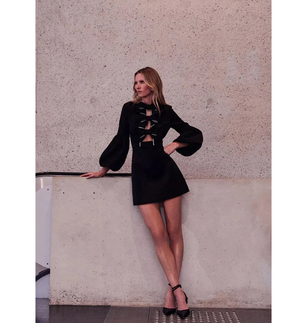Augustine Bow Mini Dress Black