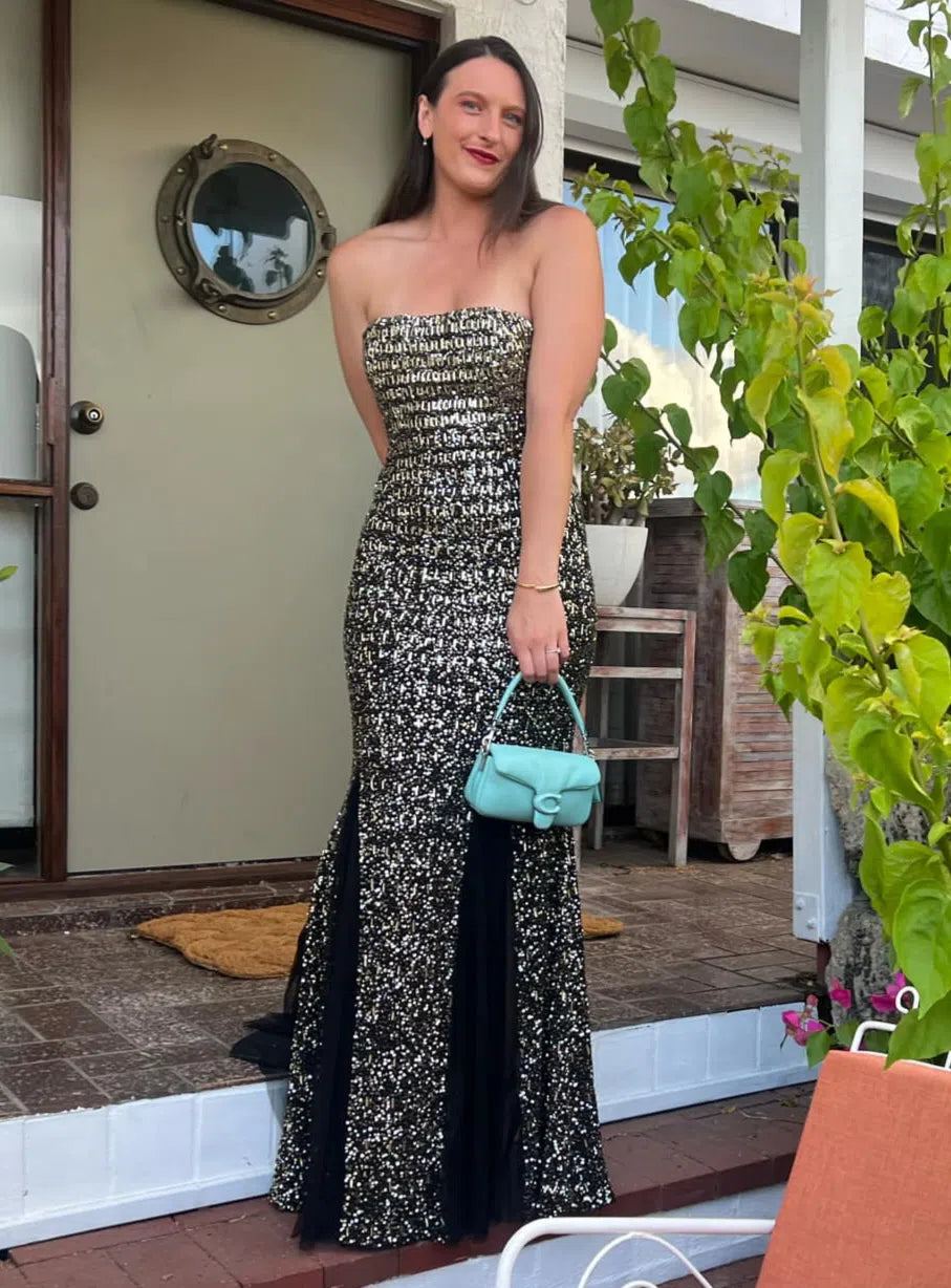 Beaded Tulle Gown Black Gold