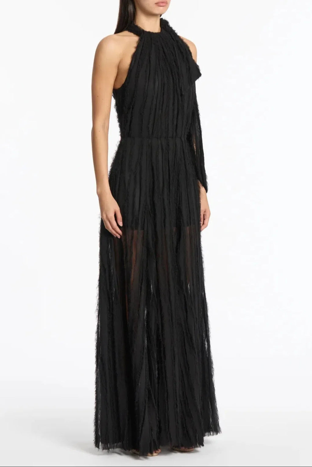 Shredded Tulle Halter Gown Black