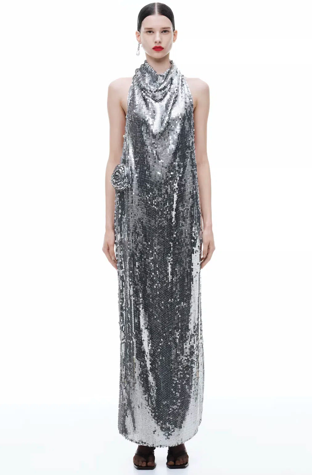 Sequin Rose Appliqué Maxi Dress in Silver