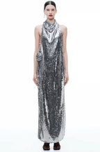 Sequin Rose Appliqué Maxi Dress in Silver