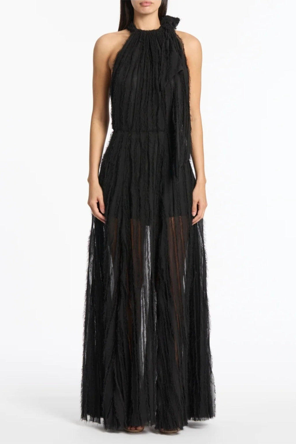 Shredded Tulle Halter Gown Black