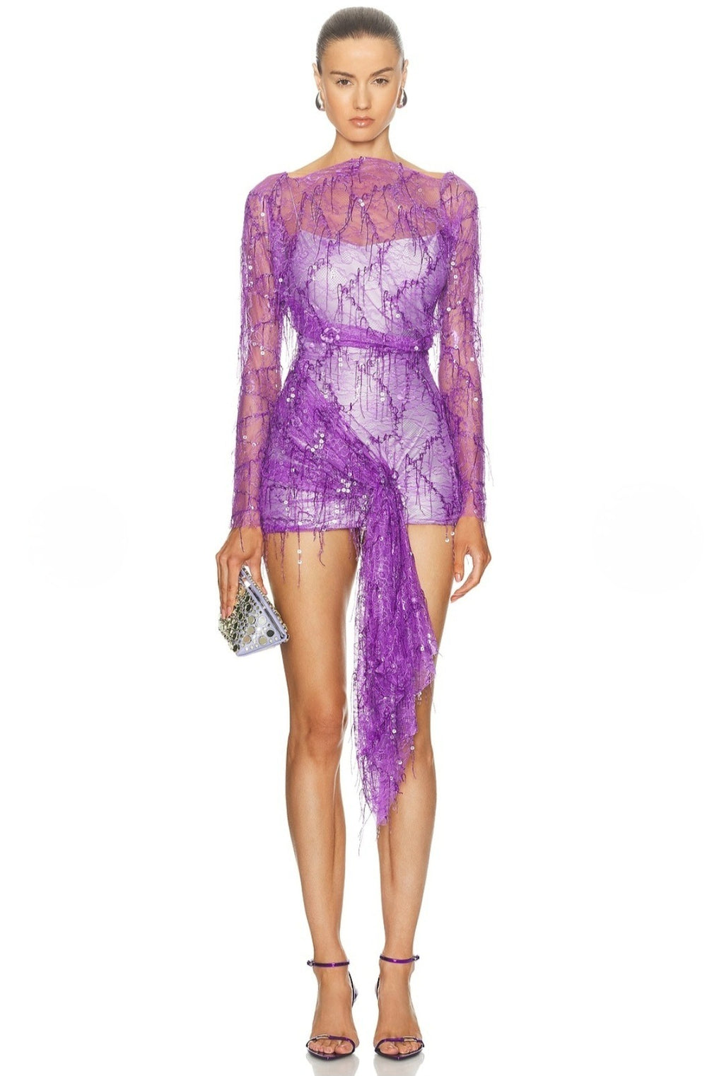 Encased Beaded Ivy Lace Long Sleeve Mini Dress Grape