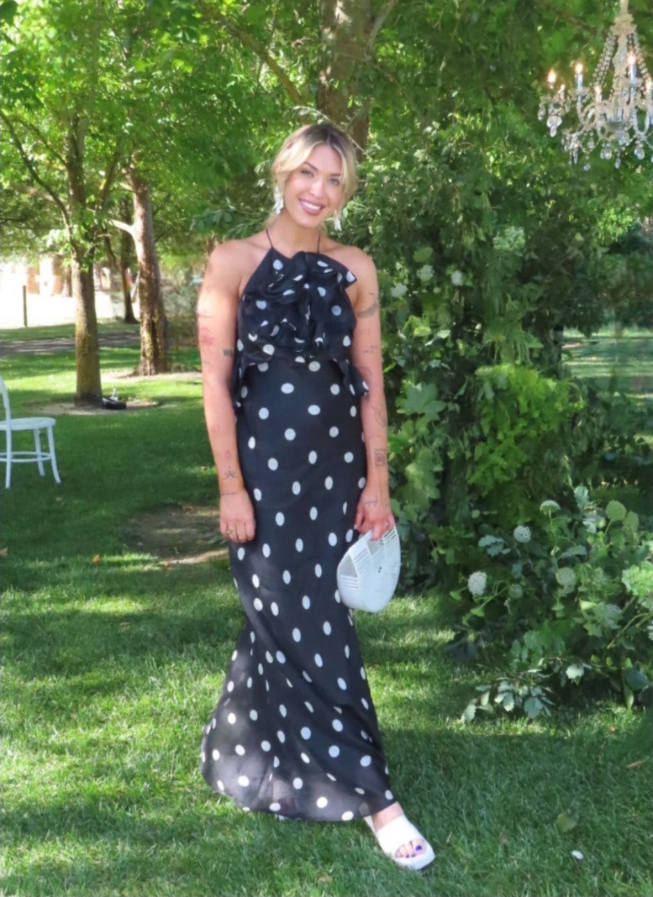 Crush Ruffle Halter Maxi Dress Black/Cream Dot