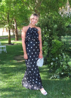 Crush Ruffle Halter Maxi Dress Black/Cream Dot