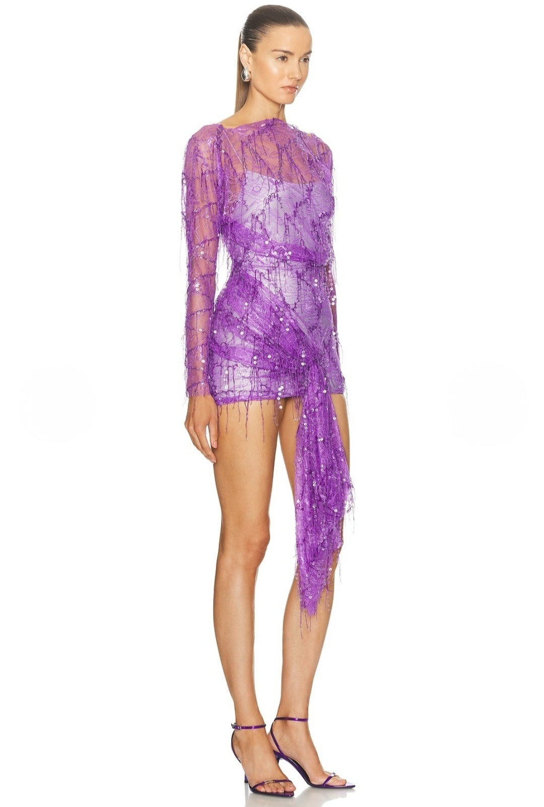 Encased Beaded Ivy Lace Long Sleeve Mini Dress Grape