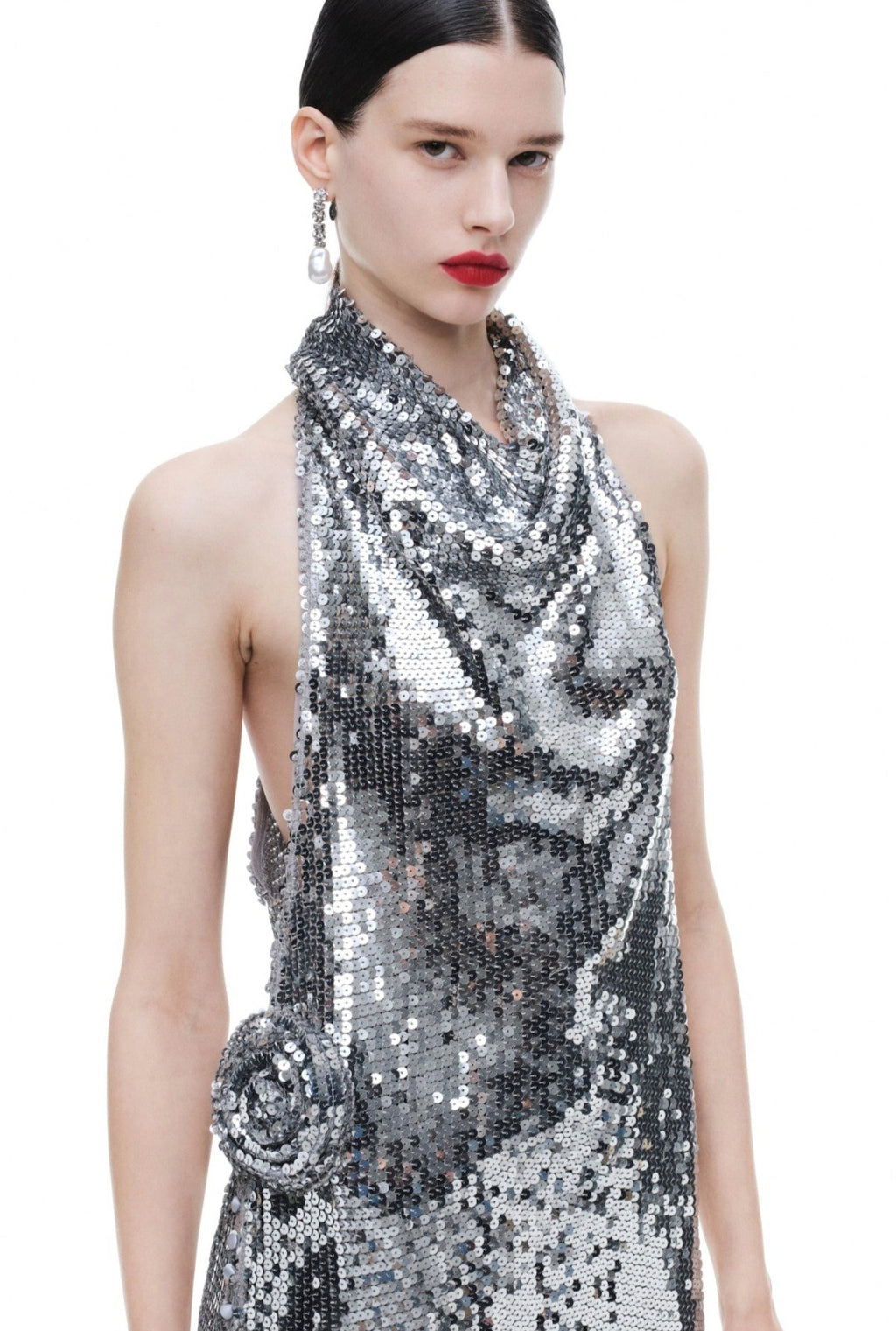 Sequin Rose Appliqué Maxi Dress in Silver