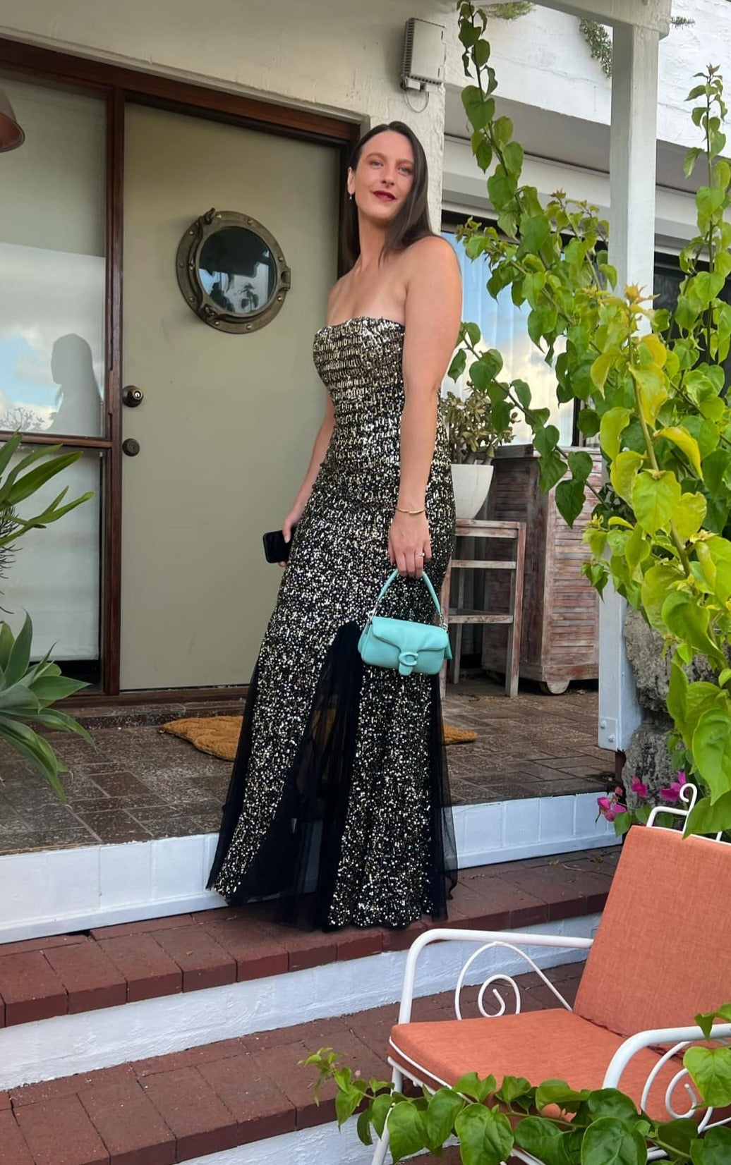 Beaded Tulle Gown Black Gold