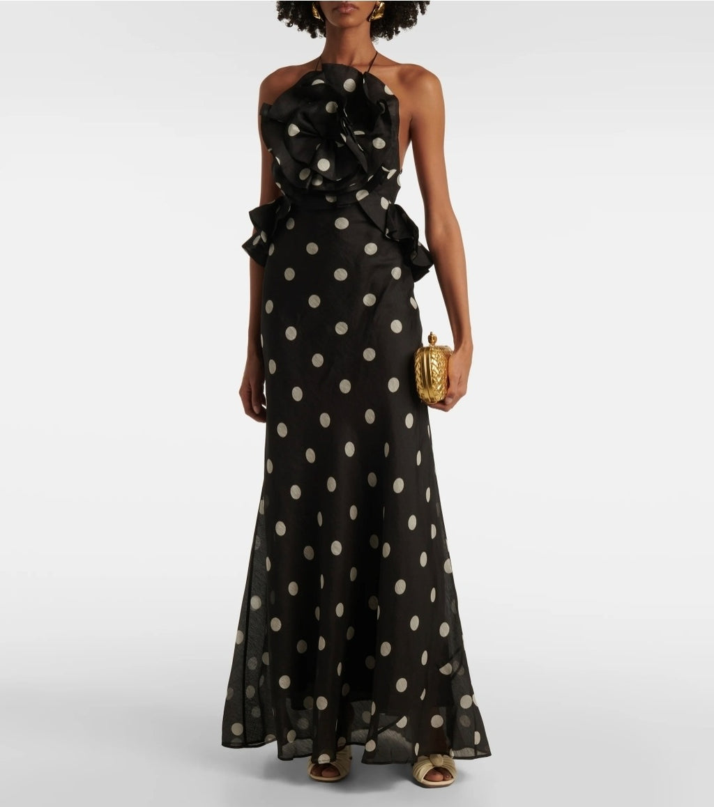 Crush Ruffle Halter Maxi Dress Black/Cream Dot
