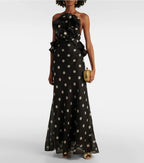 Crush Ruffle Halter Maxi Dress Black/Cream Dot