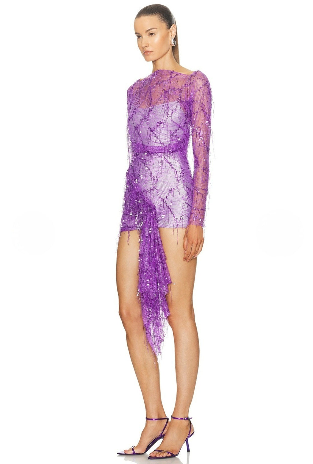 Encased Beaded Ivy Lace Long Sleeve Mini Dress Grape