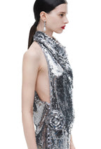 Sequin Rose Appliqué Maxi Dress in Silver