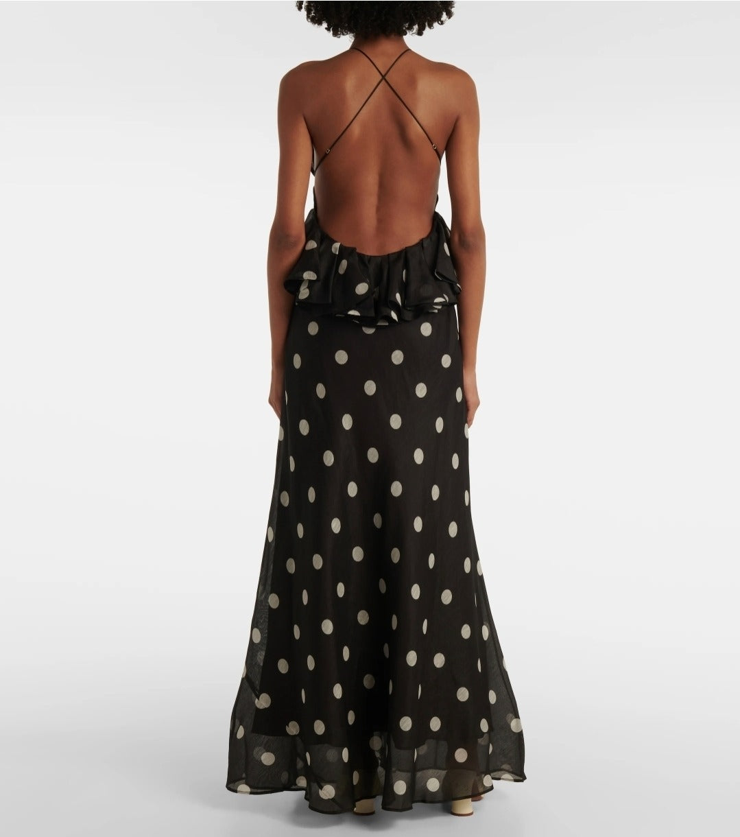 Crush Ruffle Halter Maxi Dress Black/Cream Dot