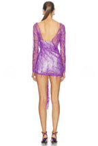 Encased Beaded Ivy Lace Long Sleeve Mini Dress Grape