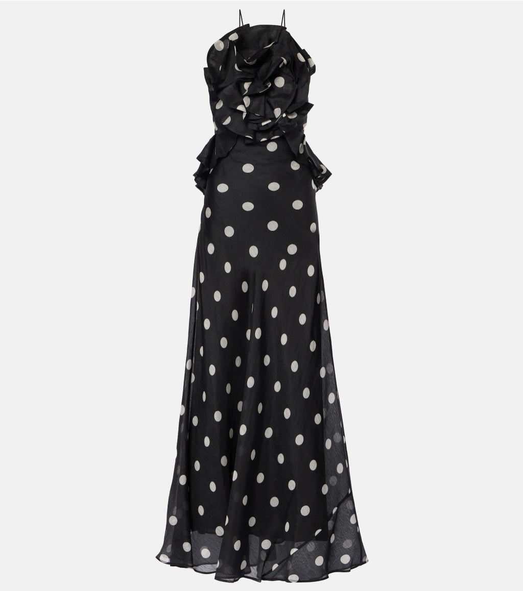 Crush Ruffle Halter Maxi Dress Black/Cream Dot