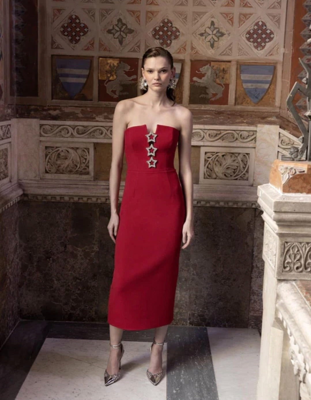 Akari Strapless Midi Dress Red