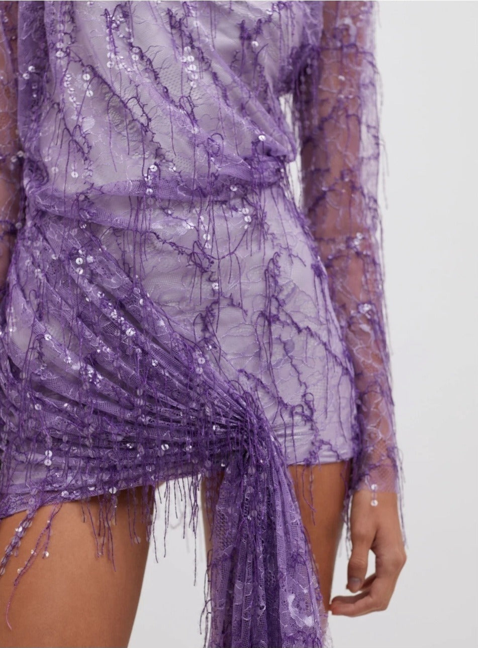 Encased Beaded Ivy Lace Long Sleeve Mini Dress Grape