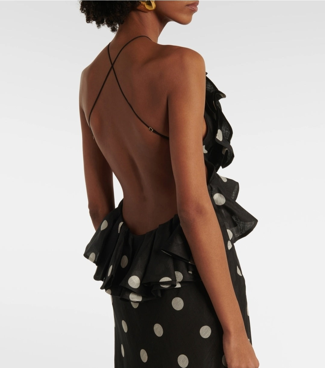 Crush Ruffle Halter Maxi Dress Black/Cream Dot