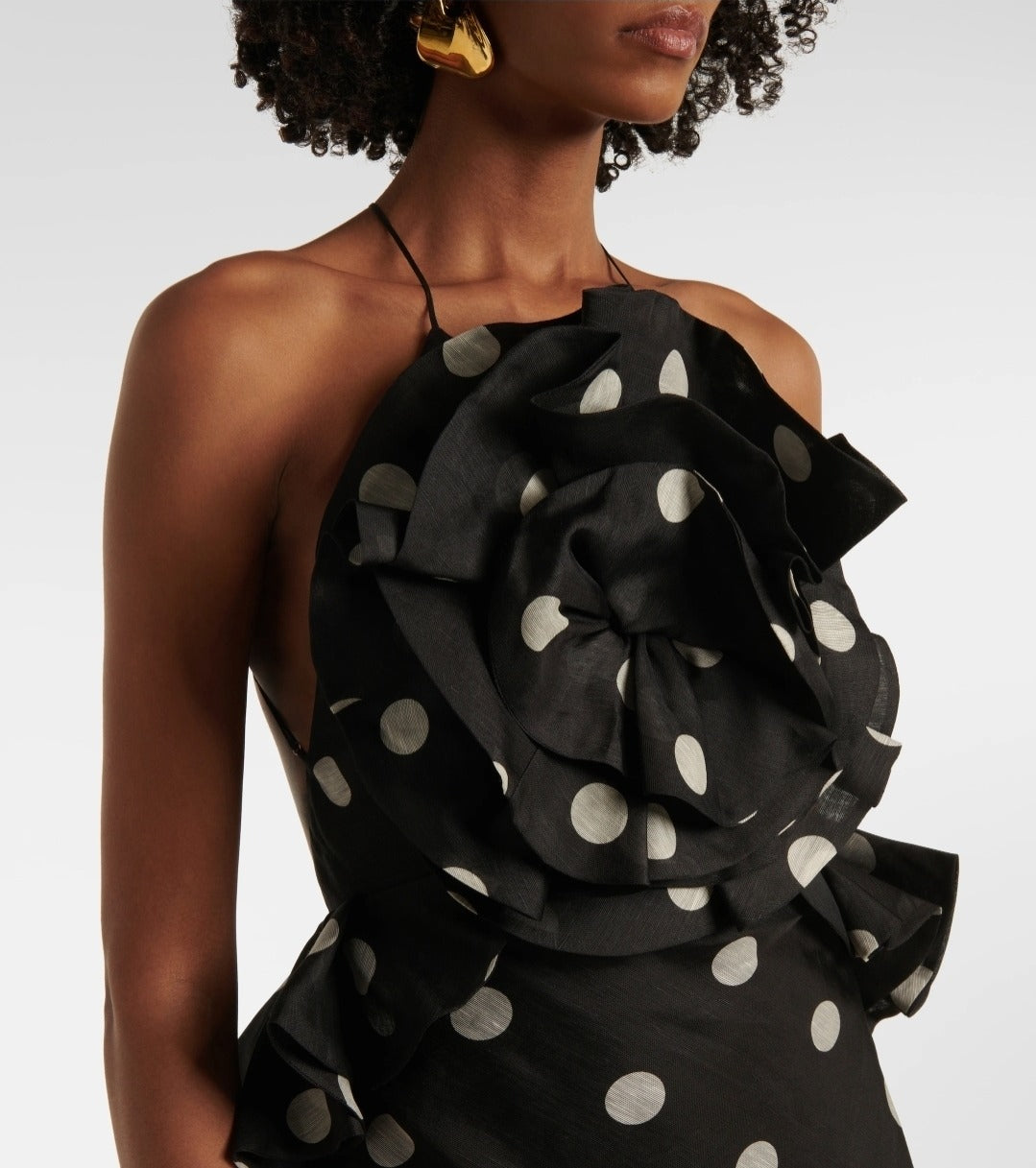 Crush Ruffle Halter Maxi Dress Black/Cream Dot